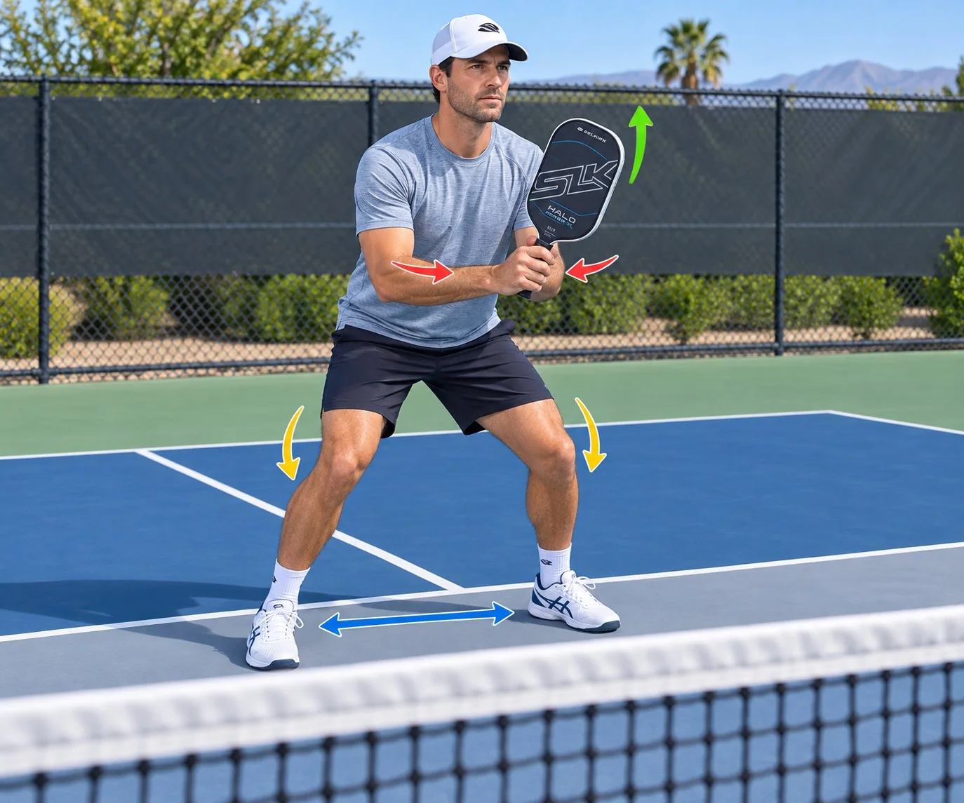 Close instructional view of a continental pickleball grip on the paddle handle