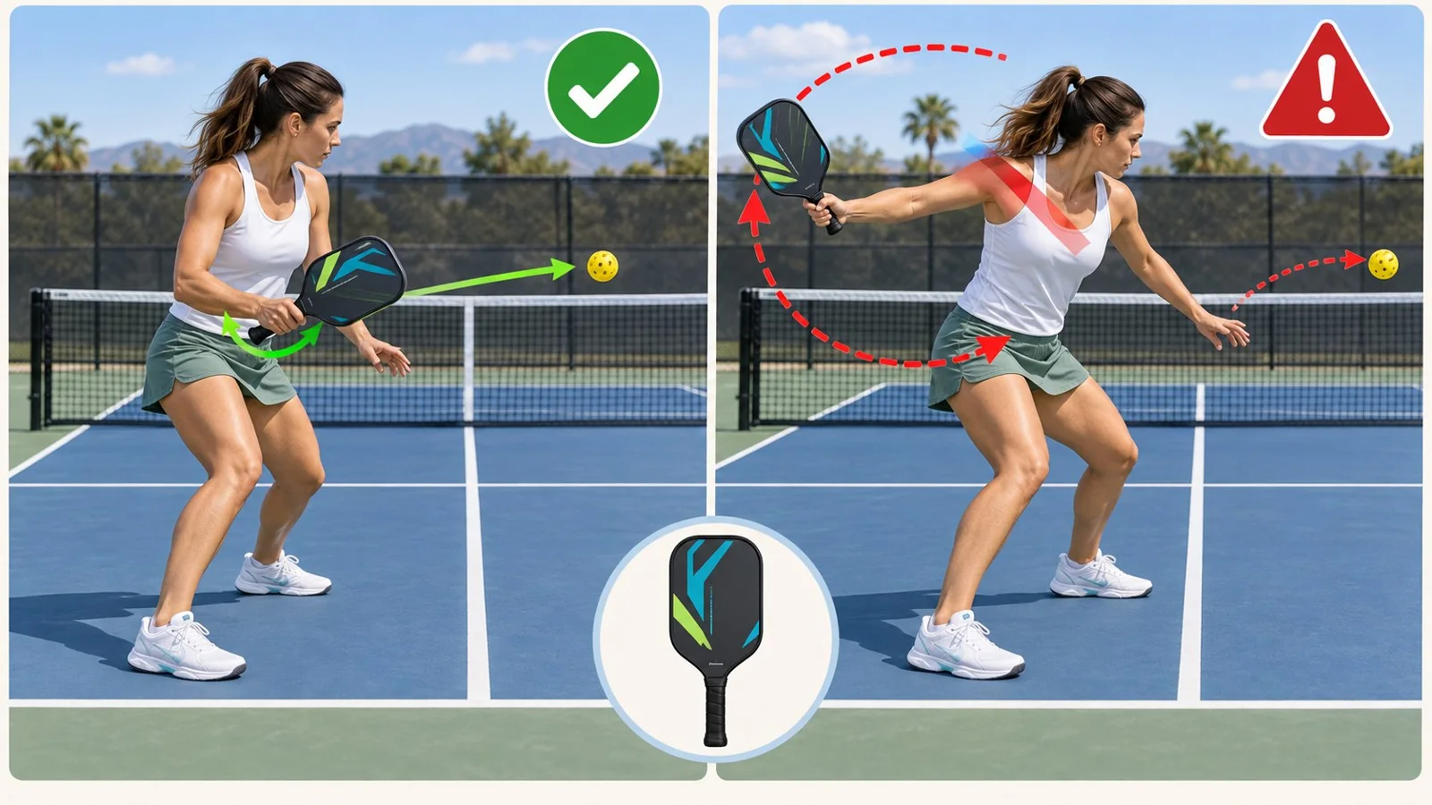Instructional pickleball ready-position diagram with paddle held in front of the chest