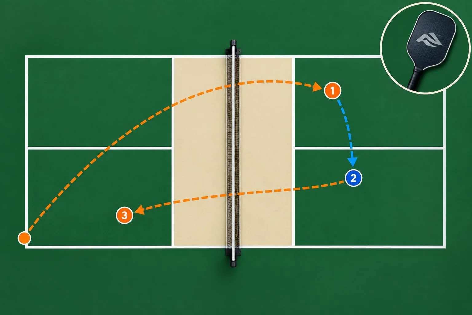 Side-by-side pickleball diagram comparing compact and oversized backswing paths