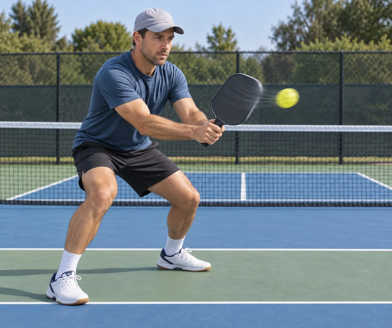 Technical pickleball coaching scene showing a low balanced stance and compact reset contact