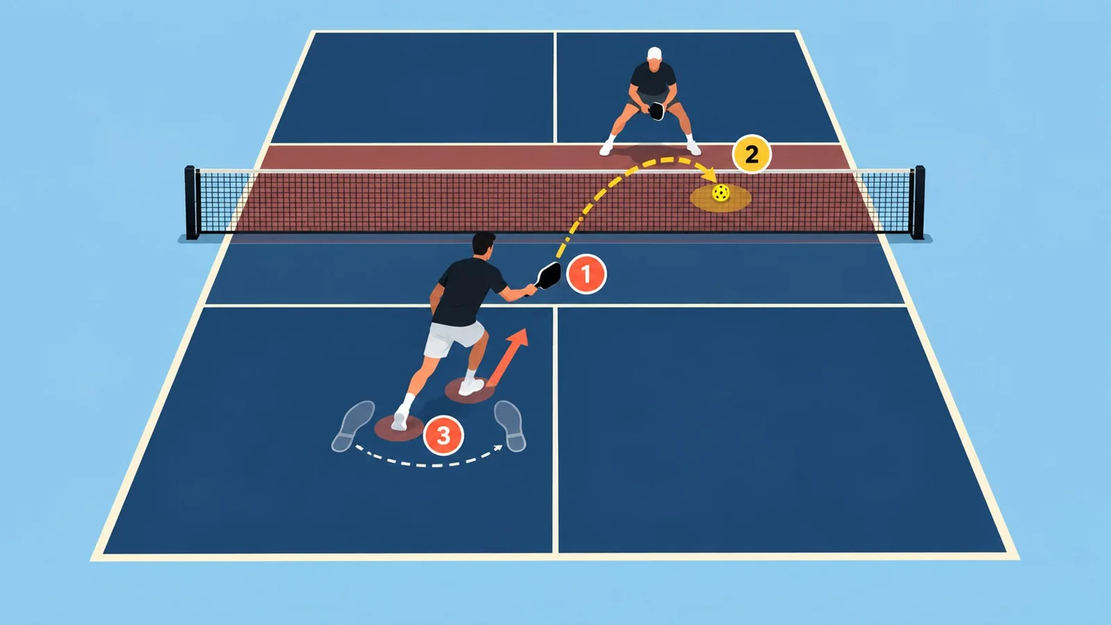 Overhead pickleball transition-reset drill diagram showing low trajectory, split step, and recovery route