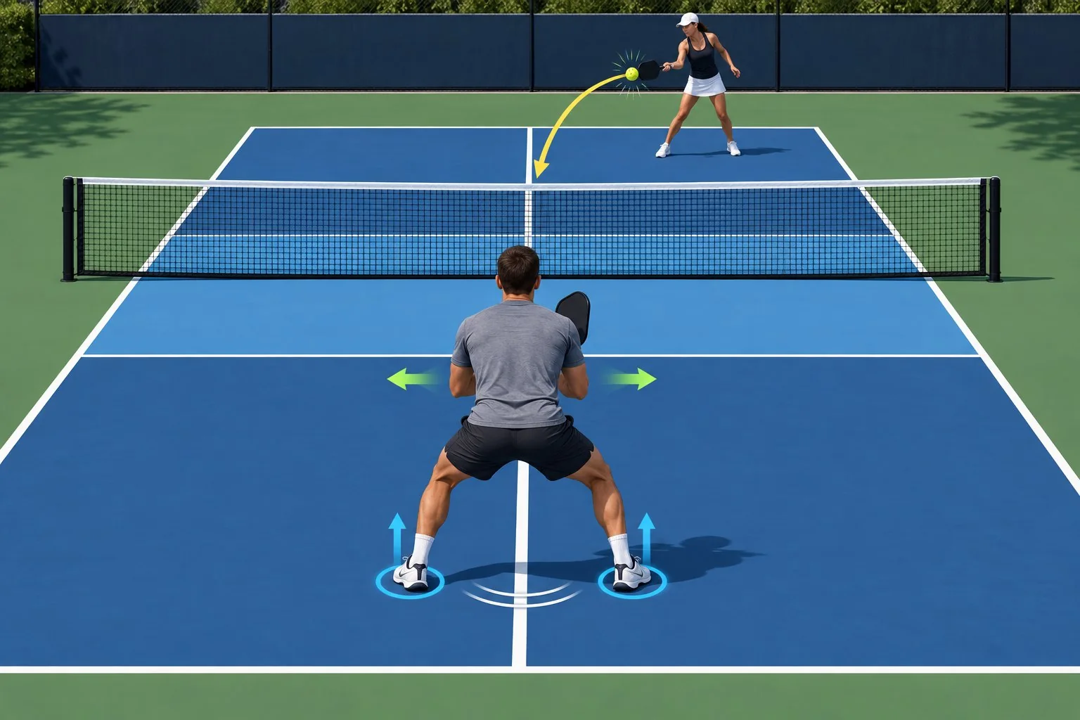 Pickleball player demonstrating a low balanced stance with quick feet