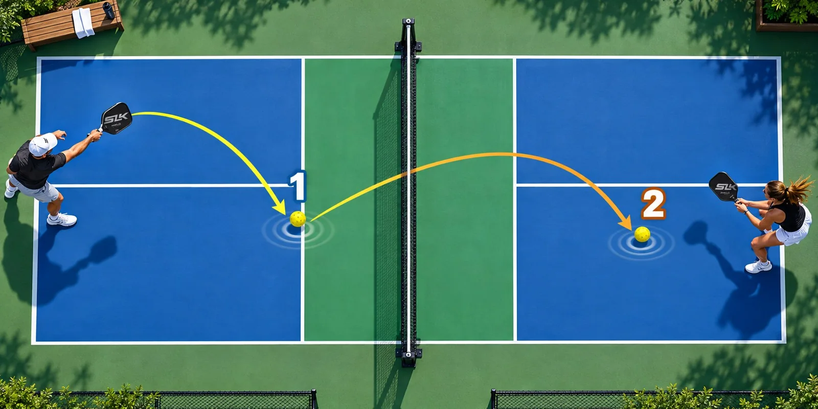 Sơ đồ sân pickleball nhìn từ trên cao với đường tiến từ cuối sân lên khu bếp