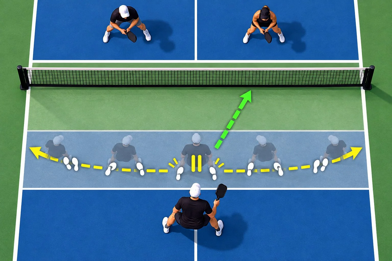 Pickleball split-step timing diagram with balanced landing and visual movement arrows