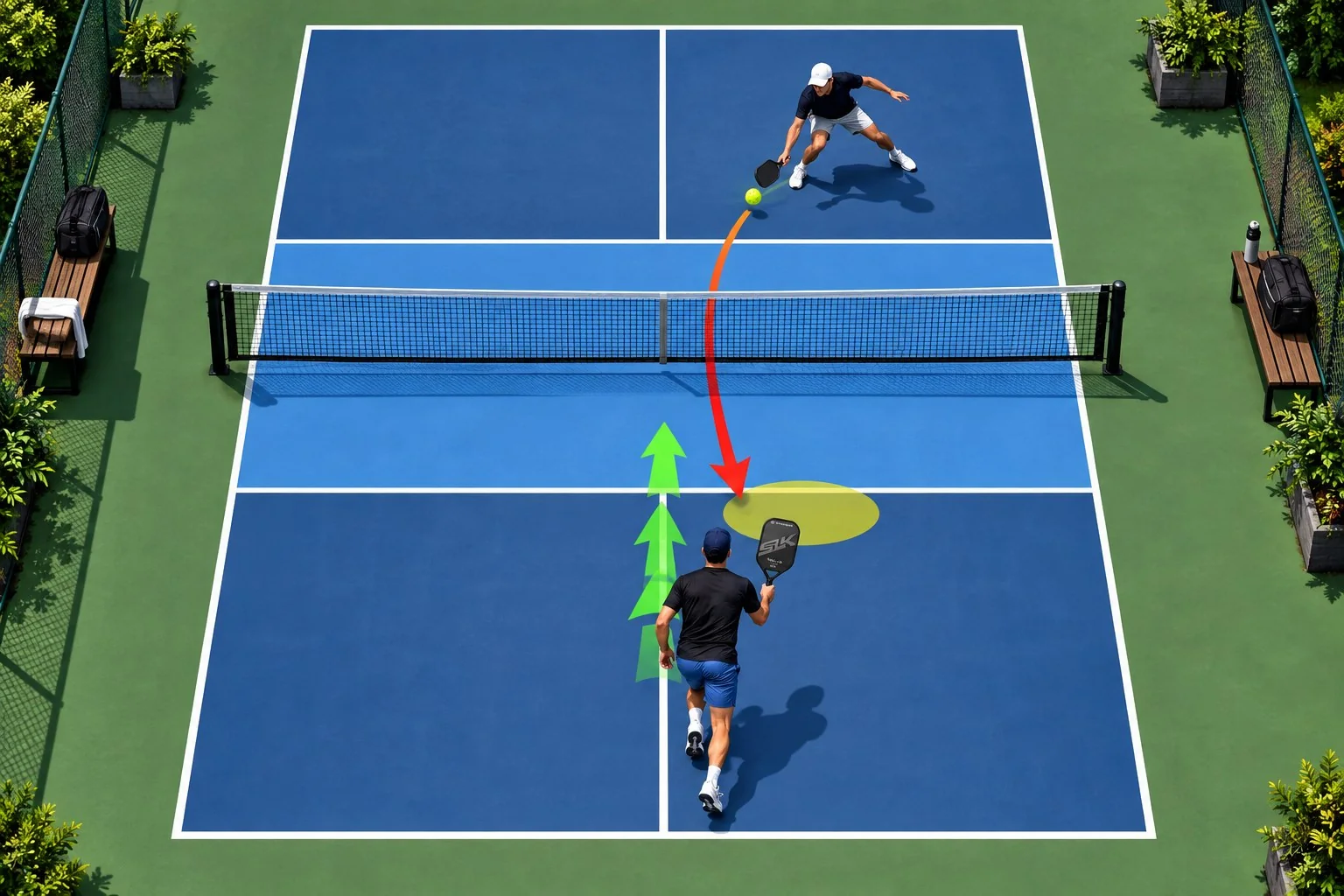 Sơ đồ vùng chuyển tiếp pickleball với bóng thấp hướng vào chân và đường di chuyển an toàn