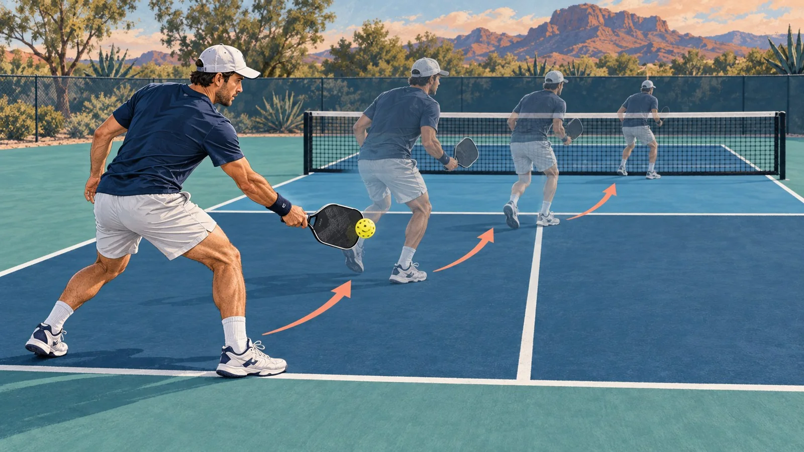 Overhead diagram of the pickleball return and forward movement