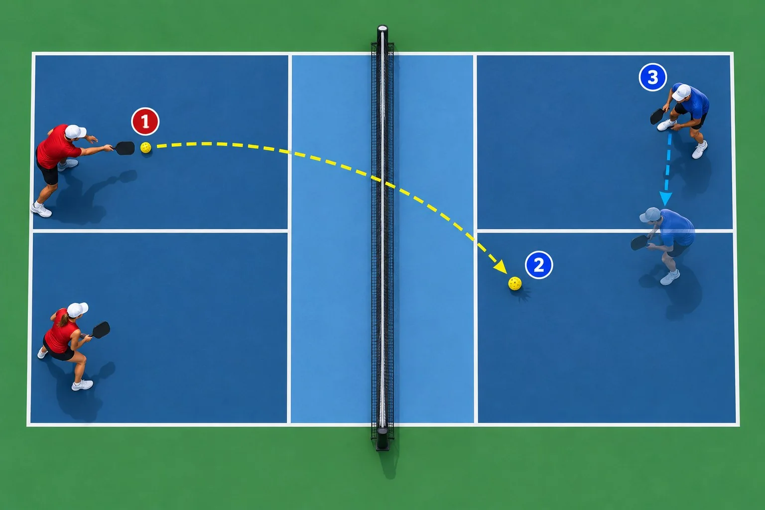 Technique view of a controlled pickleball return followed by balanced forward steps
