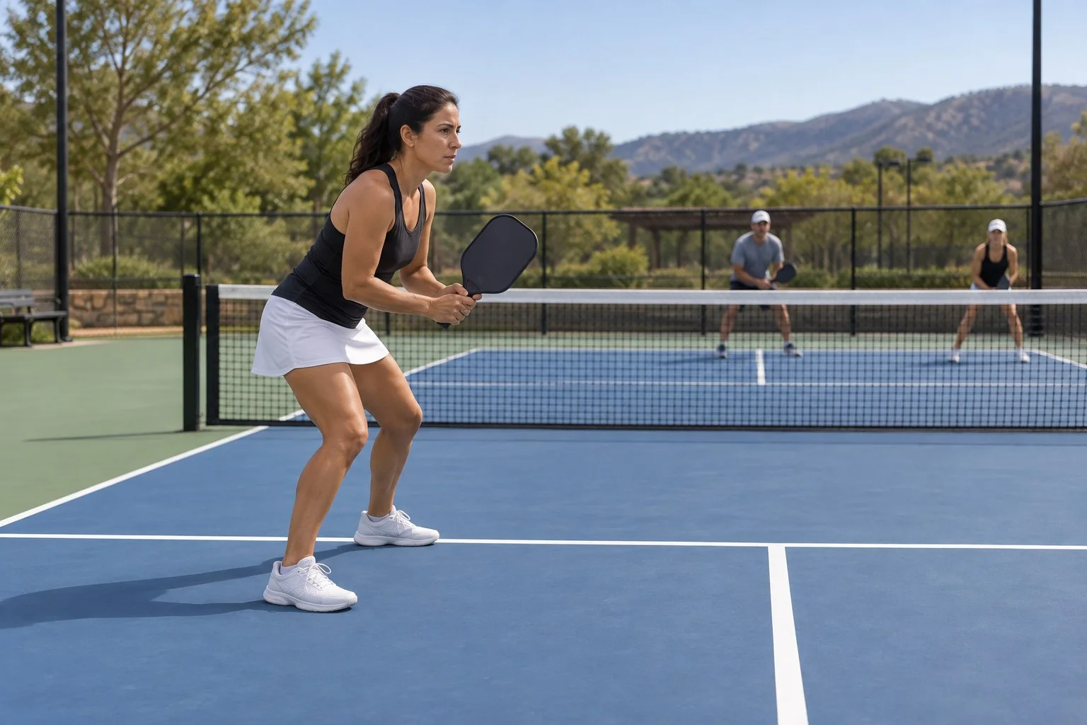 Diagrama cenital del avance desde el fondo hacia la línea de no volea en pickleball
