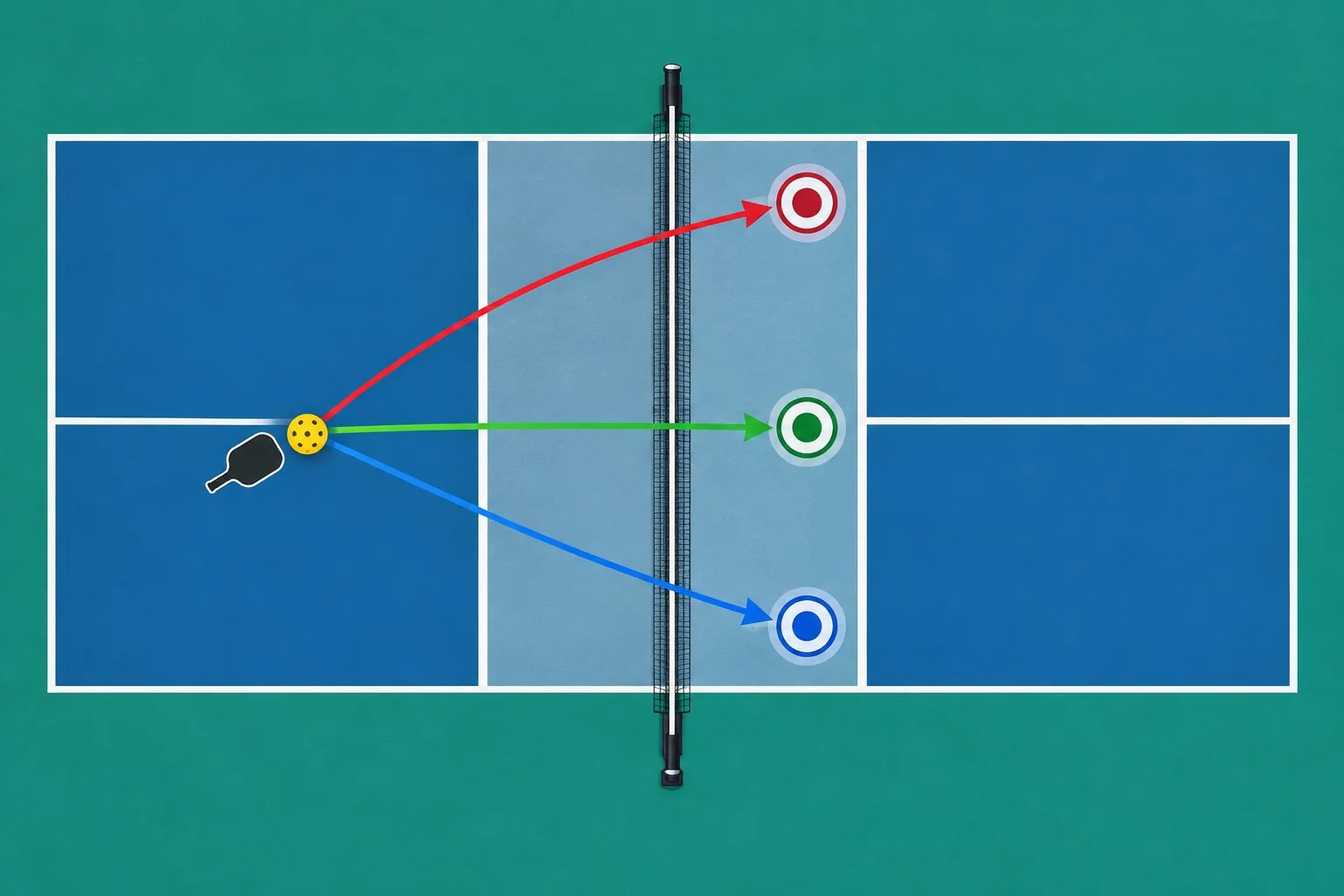 Pista de pickleball con tres objetivos para variar el dink