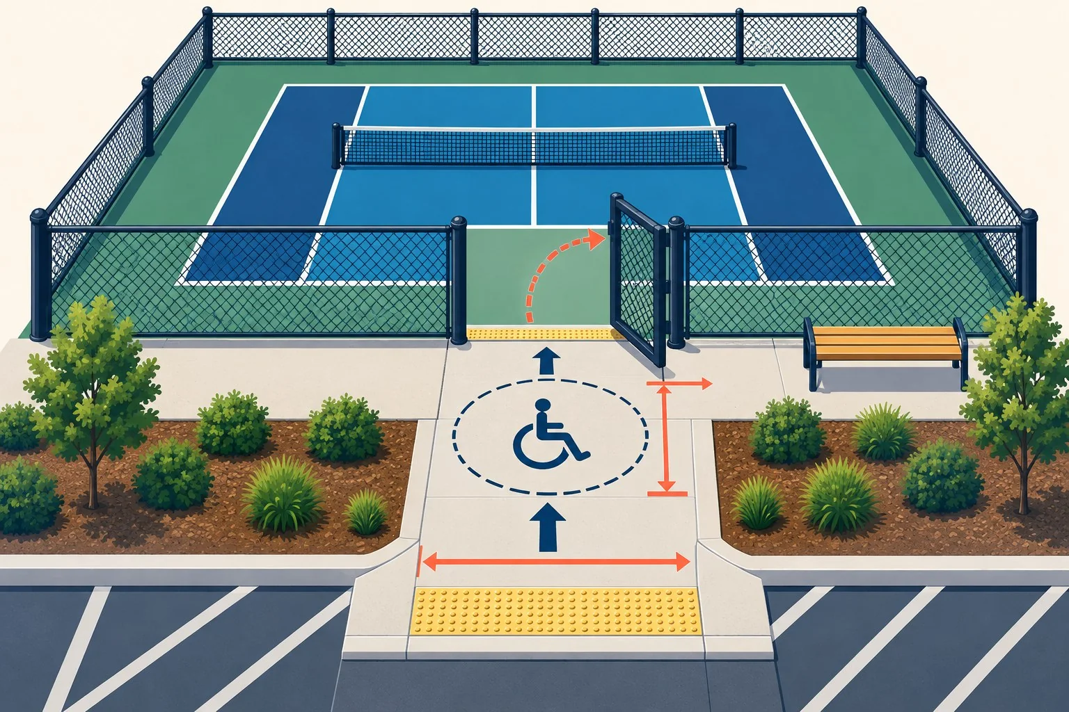 Overhead diagram of a pickleball court access route from entrance to gate