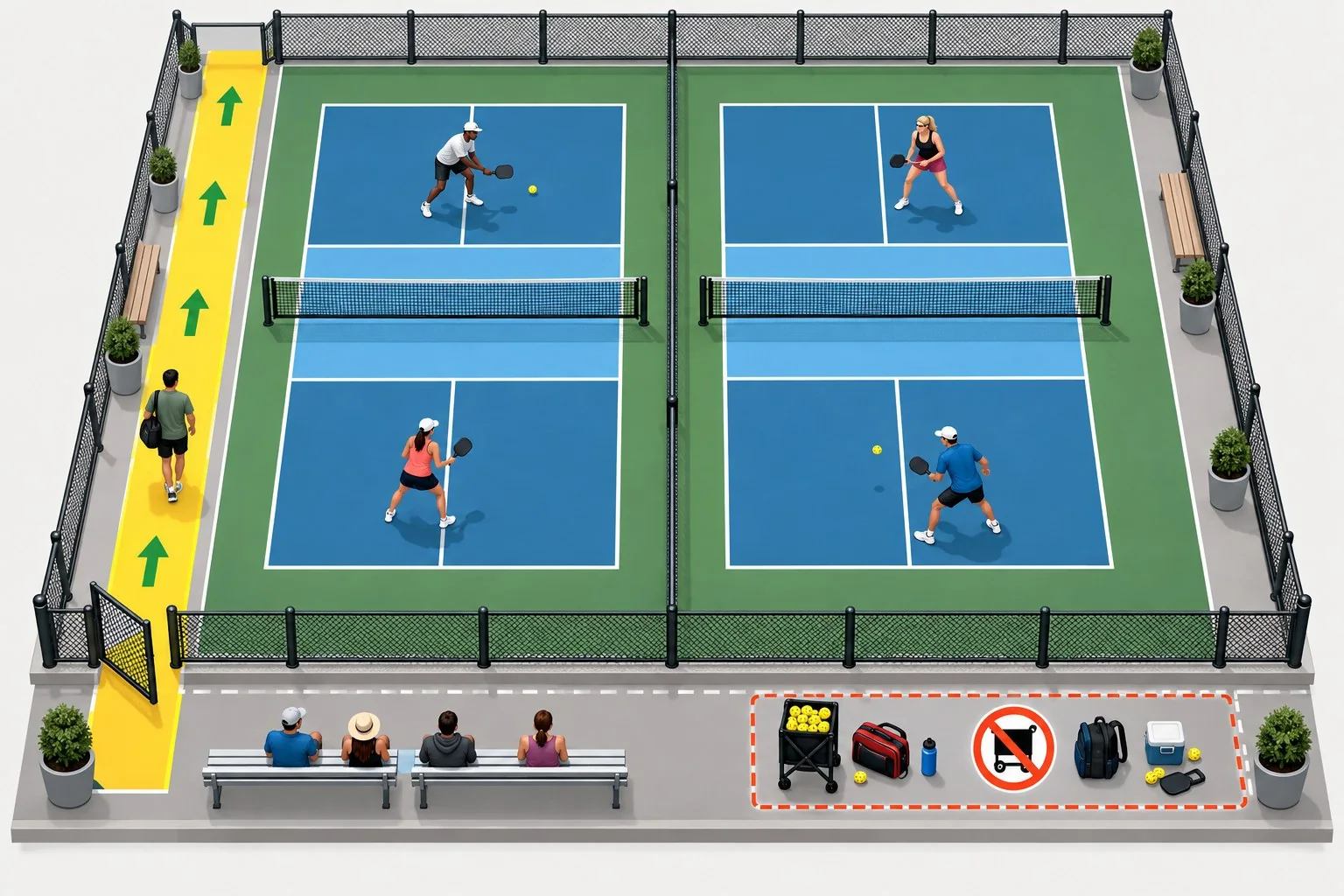 Overhead shared-facility diagram showing courts, clear gate, spectators, and equipment outside the access route