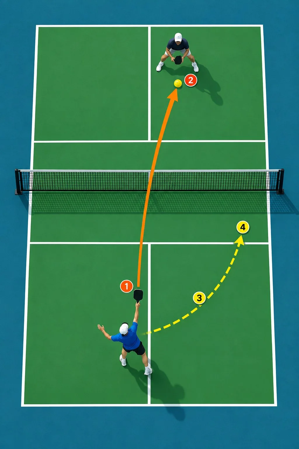 Technical pickleball overhead sequence with footwork, tracking hand, and contact point