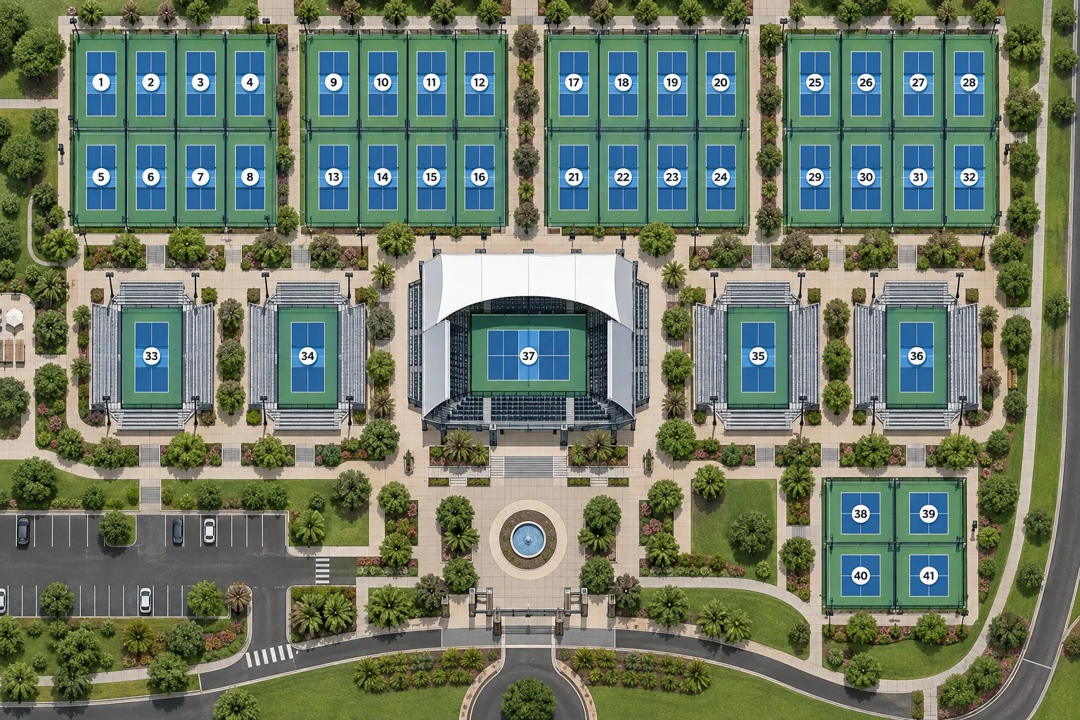 Overhead planning diagram of the campus court layout, medal courts, and championship stadium