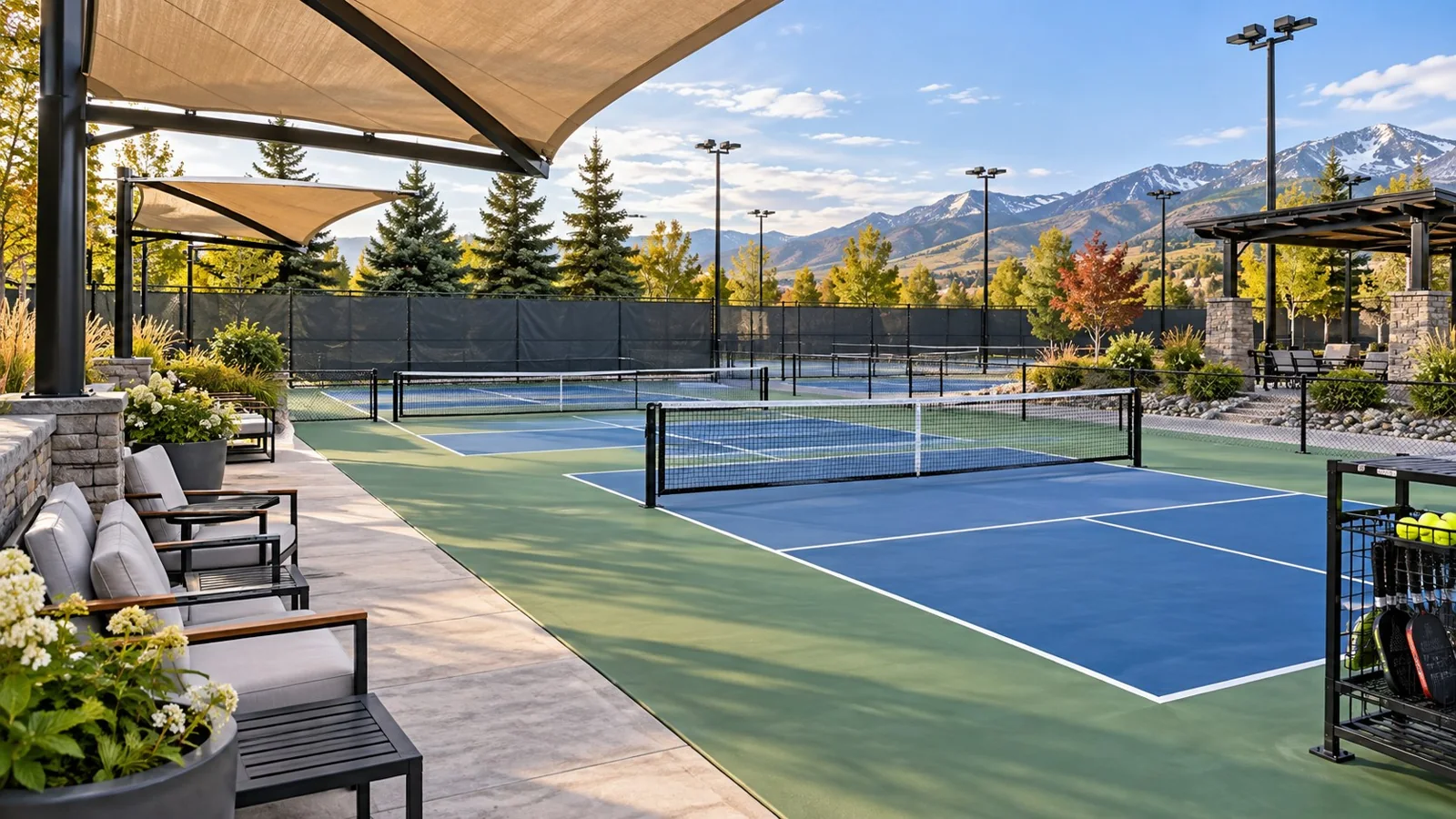 Shade structures and spectator seating at an outdoor pickleball venue prepared for year-round use