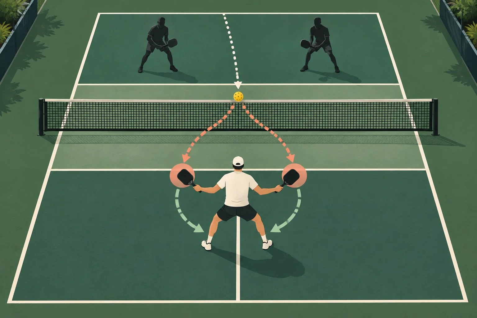 Pickleball strategy diagram showing forehand and backhand choices with recovery path