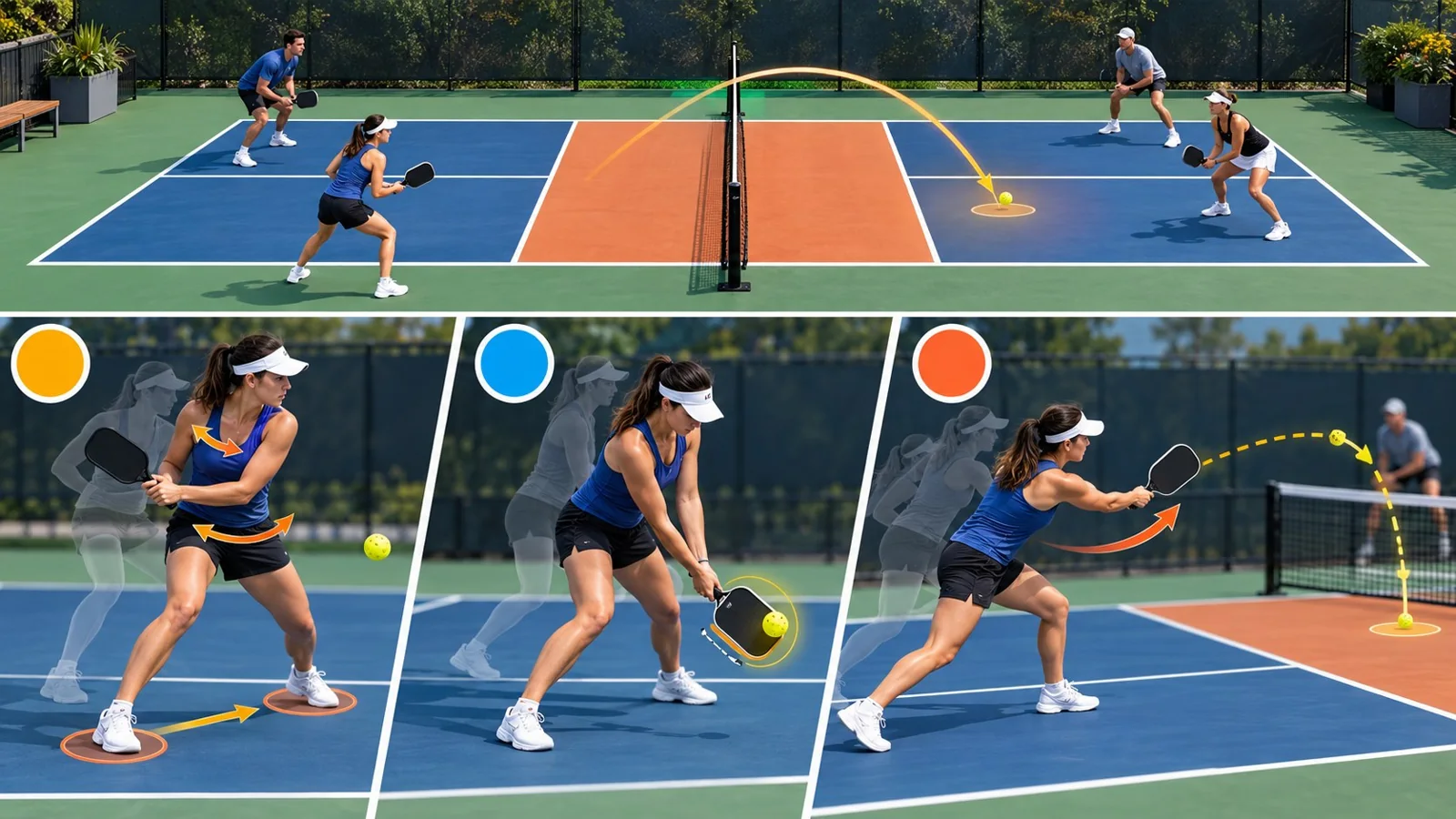 Sơ đồ pickleball nhìn từ trên cao: người chơi tiến qua vùng chuyển tiếp bằng các bước ngắn, dừng cân bằng trước mỗi lần đối thủ chạm bóng