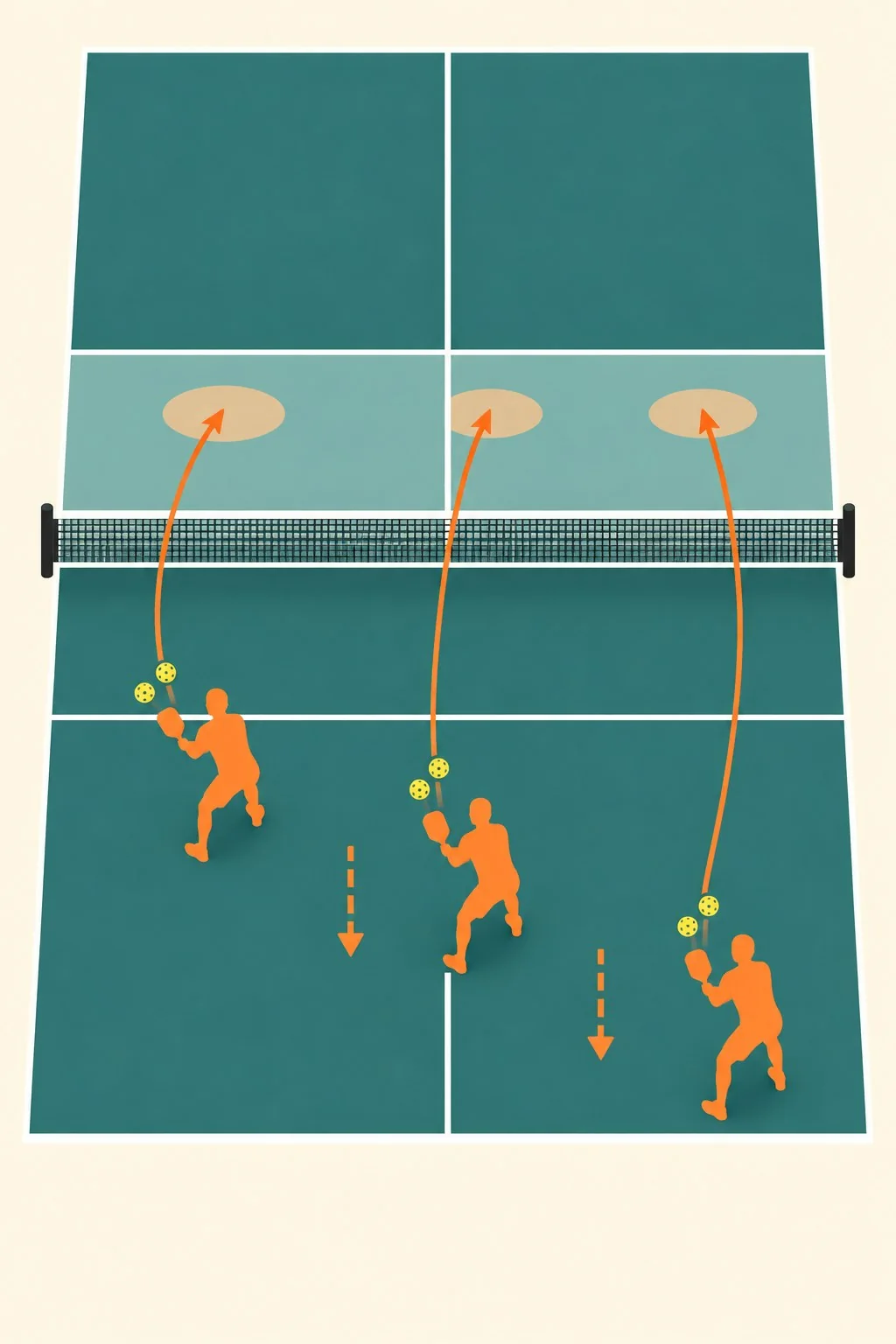 Sơ đồ reset pickleball: hấp thụ bóng nhanh ở vùng chuyển tiếp, đưa bóng thấp vào khu bếp rồi mới tiến thêm một bước