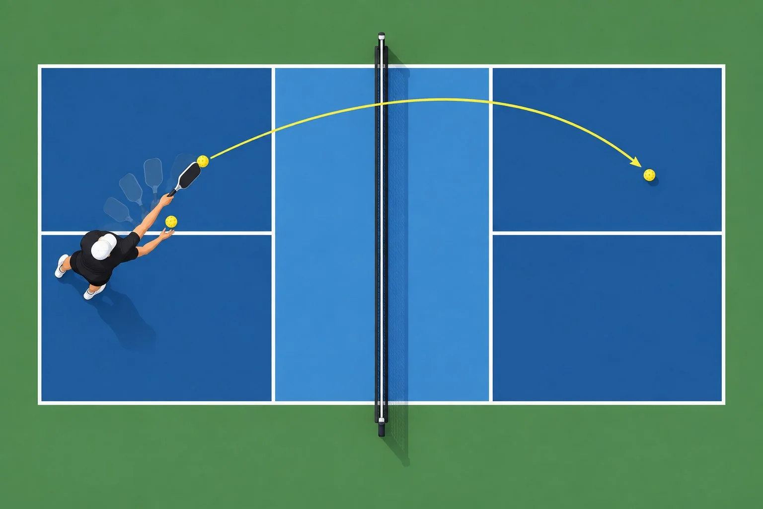 Overhead diagram of a volley serve with a descending ball, upward paddle path, and topspin arc