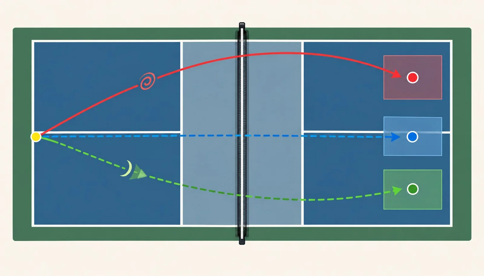 Strategy diagram comparing topspin, flat, and slice serve trajectories and target zones