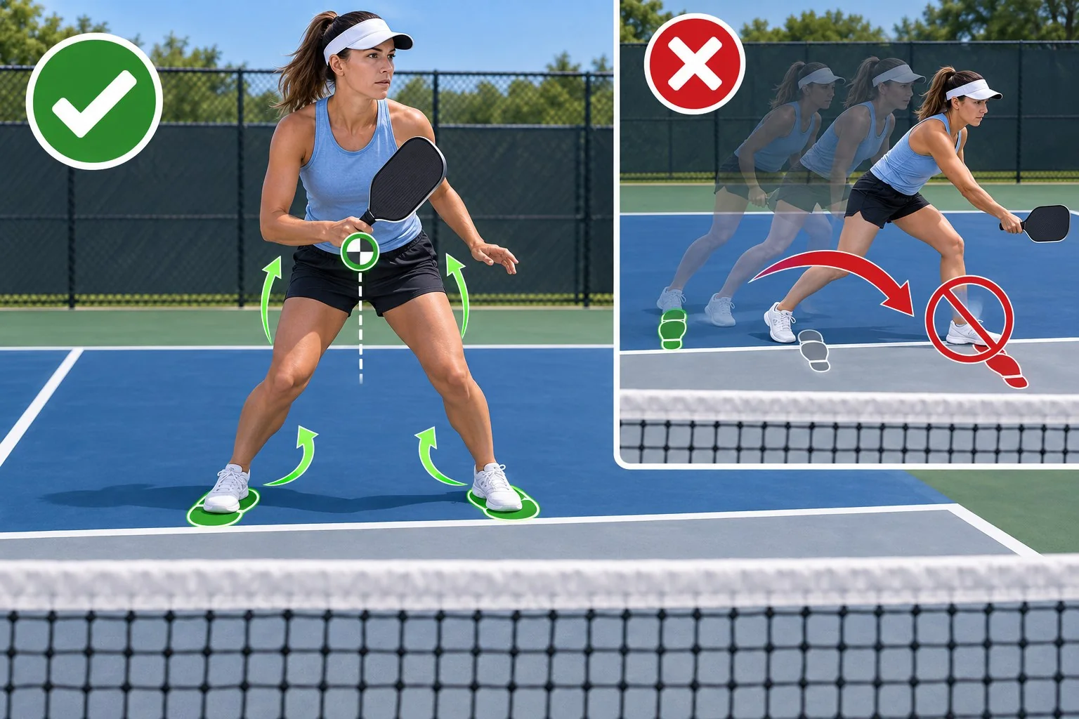 Close diagram of a player controlling momentum after a kitchen-line volley