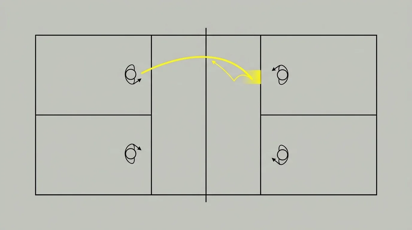 Low drop-volley trajectory into the kitchen