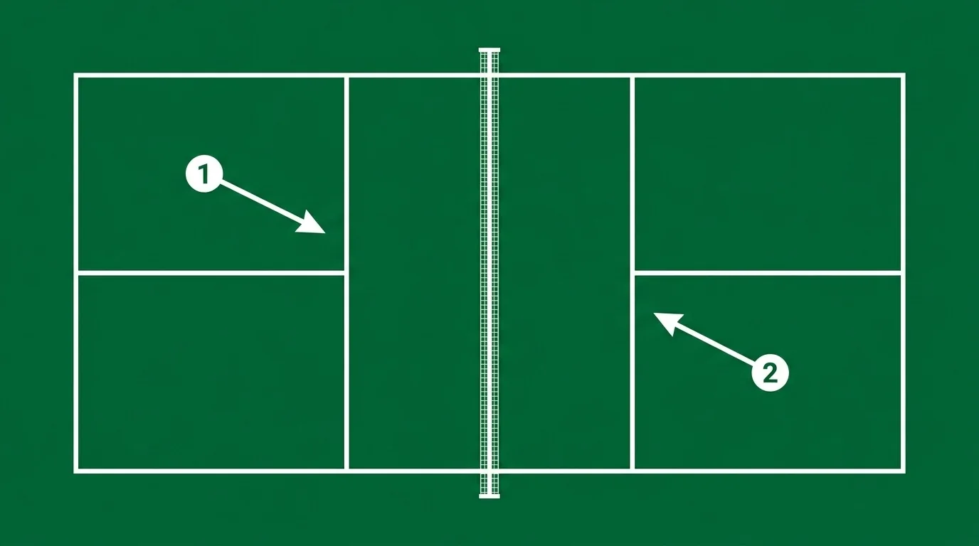 Overhead infographic showing a rally-scoring sequence on a pickleball court