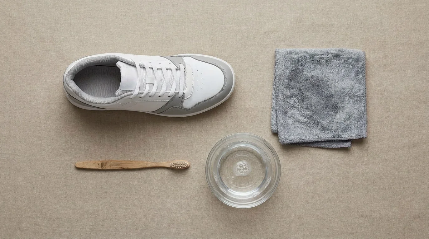 Flat-lay of a gentle pickleball shoe cleaning setup