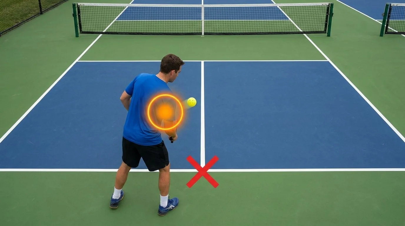 Pickleball rules illustration showing ball contact with a player's shirt near the baseline, with clean court geometry