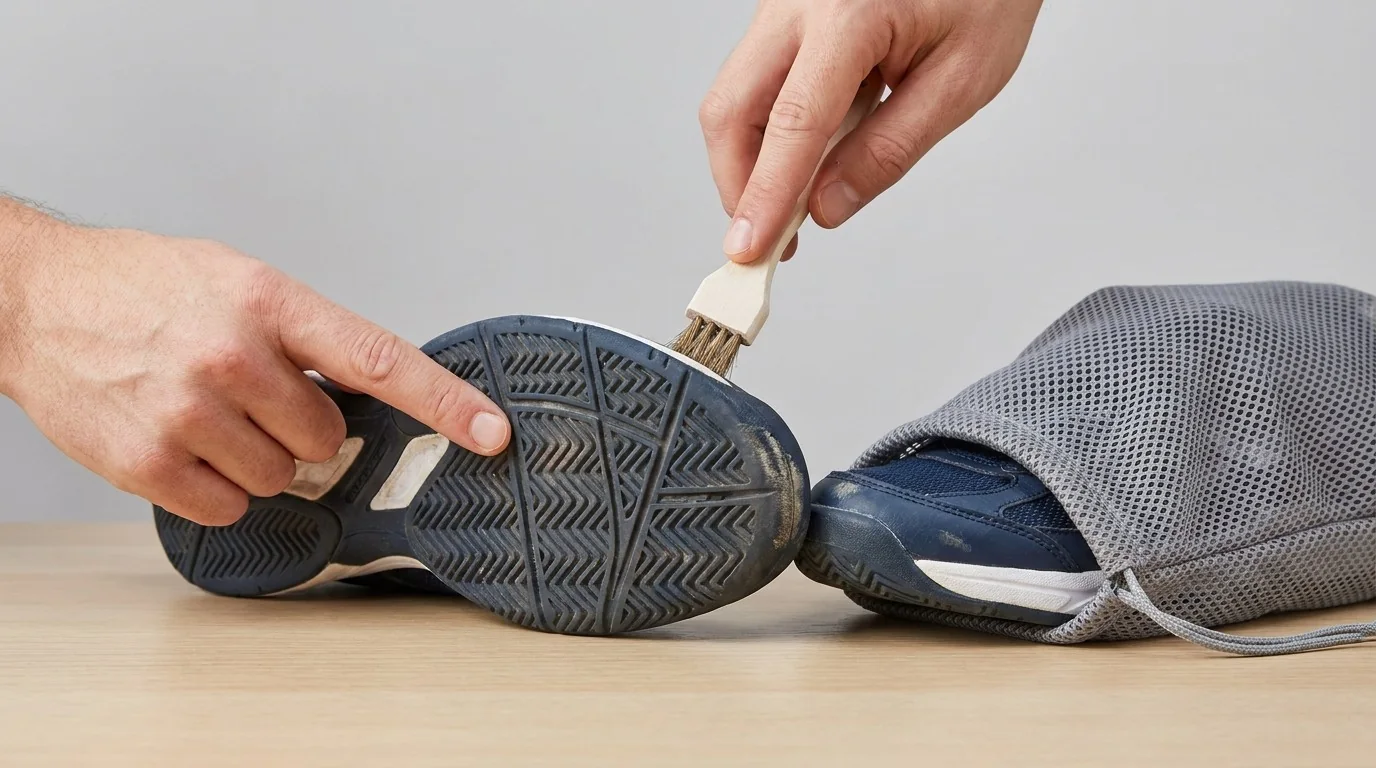 Close inspection of pickleball shoe outsole tread and wear areas