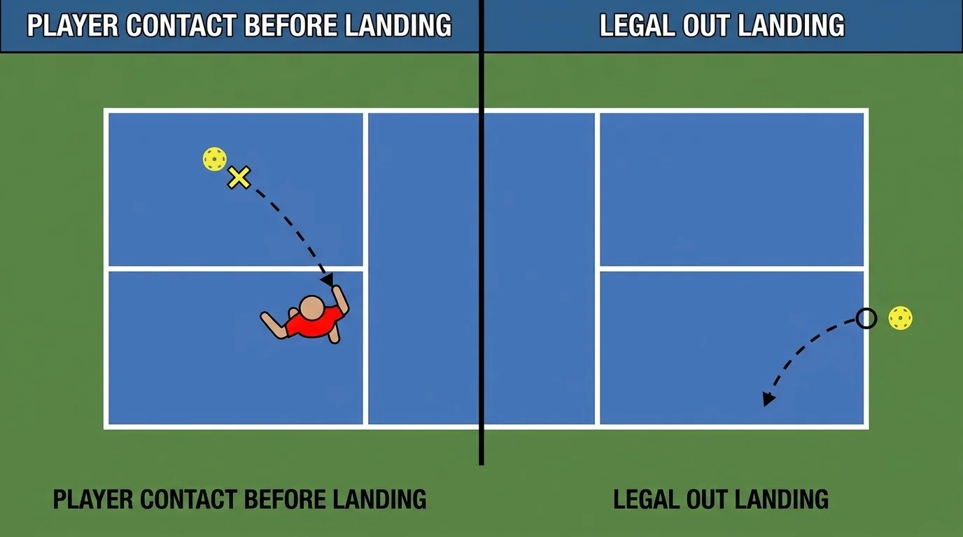 Overhead pickleball court diagram showing the difference between a ball landing out and a ball touching a player first
