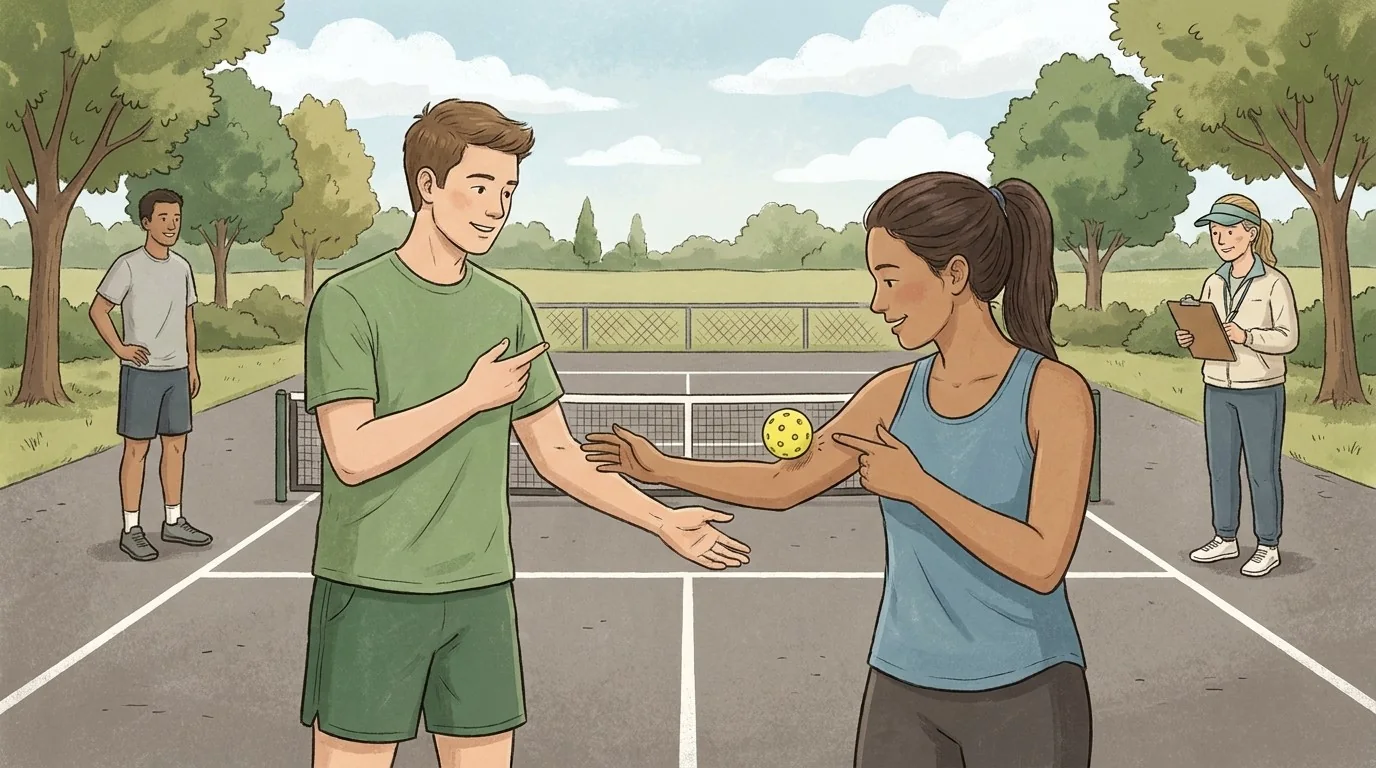 Pickleball players using a fair ball-contact call protocol during a practice game