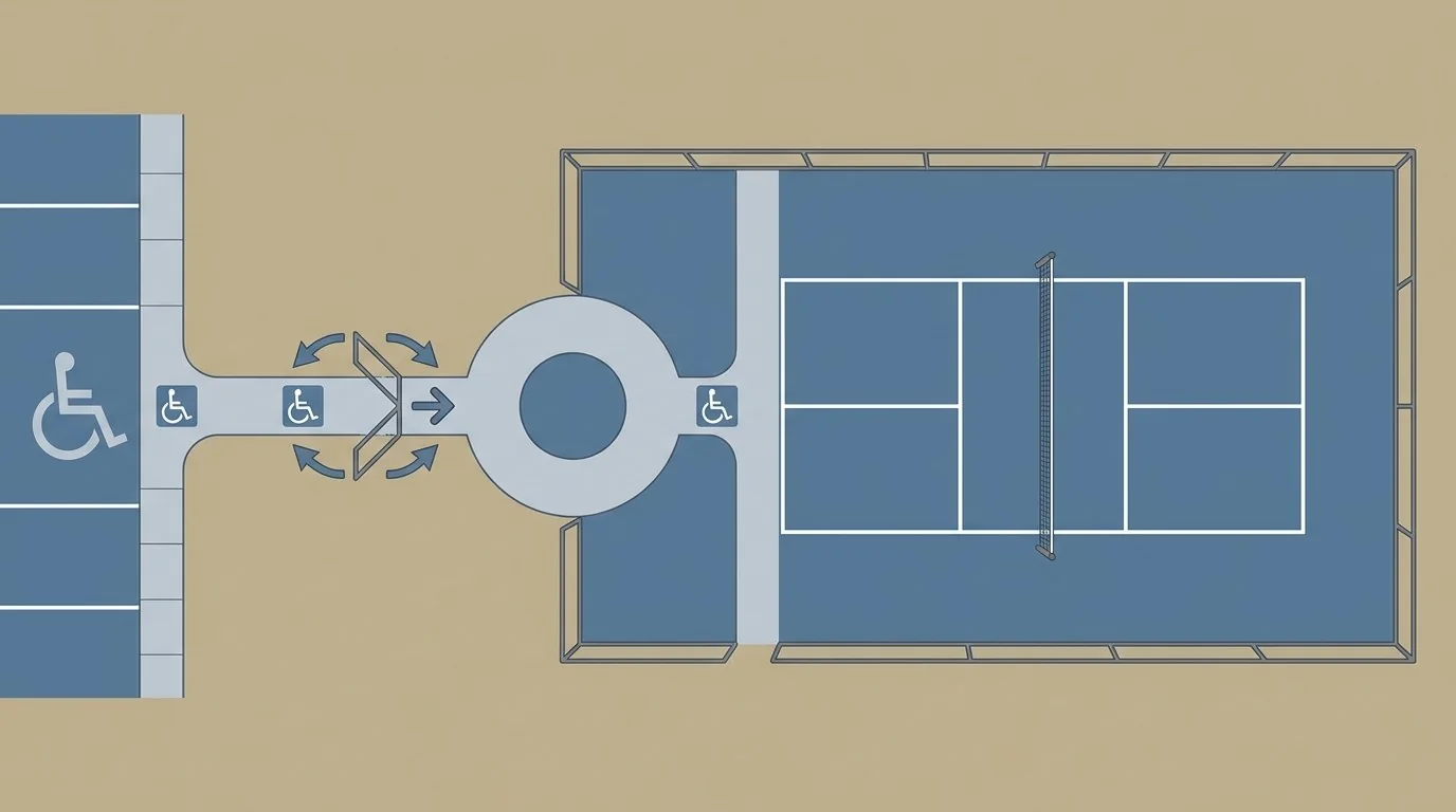 Diagram of a clear pickleball court route from arrival area through a wide gate