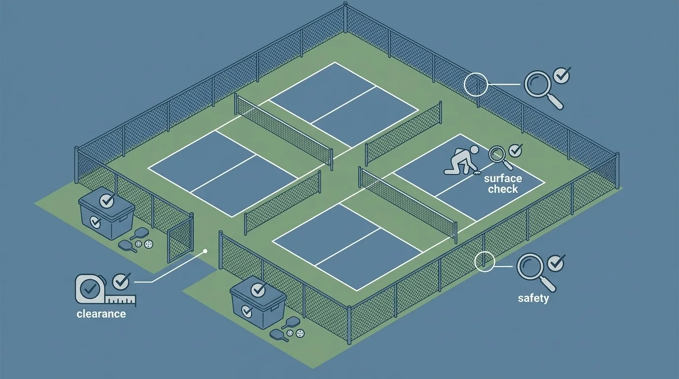 Pickleball facility inspection diagram for gates, storage, fencing, and surface safety