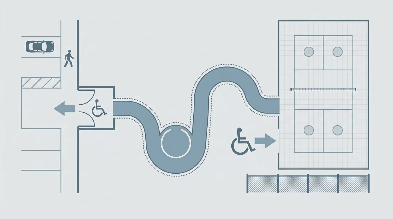 Diagram of a clear pickleball court route from arrival area through a wide gate