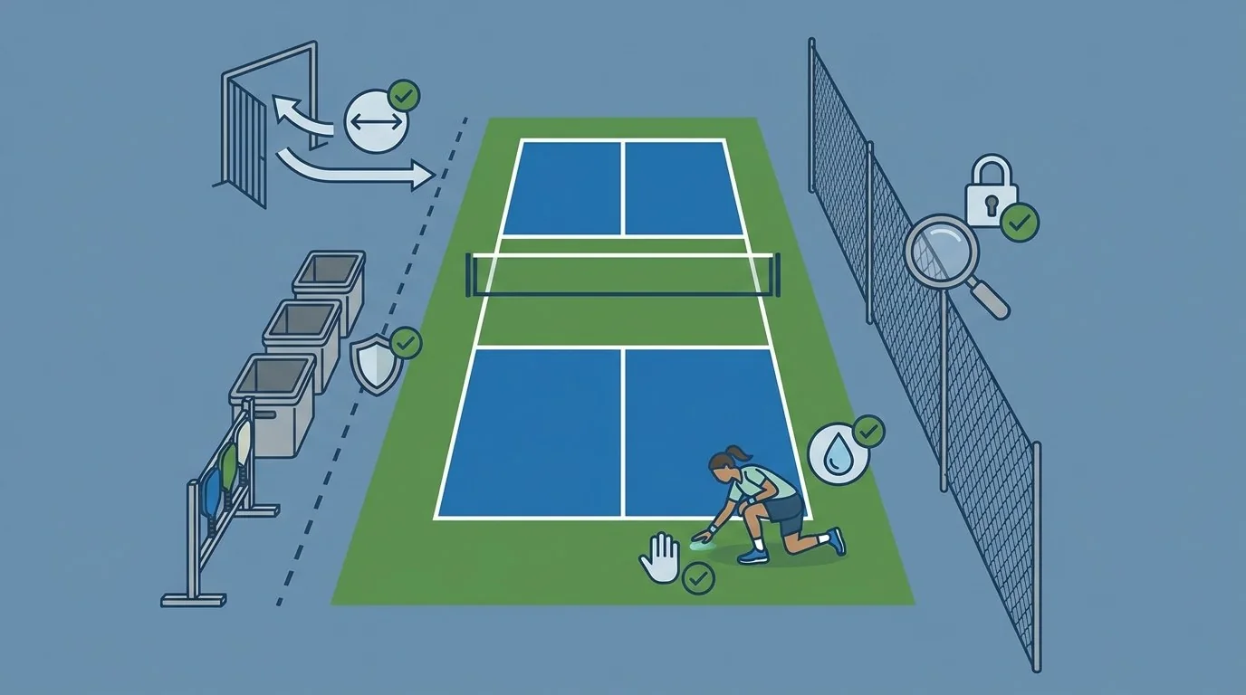 Pickleball facility inspection diagram for gates, storage, fencing, and surface safety