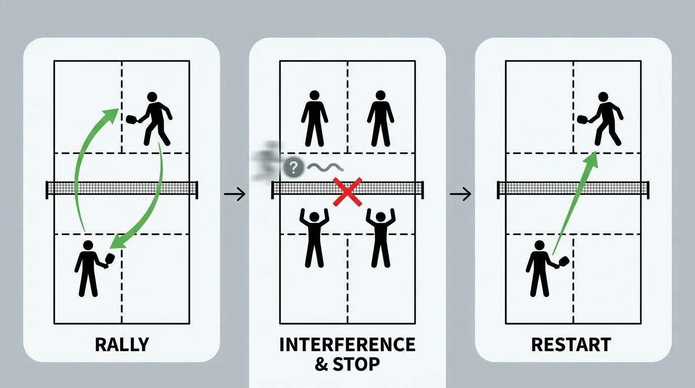 Sequential rules diagram showing a rally stopped and restarted after outside interference
