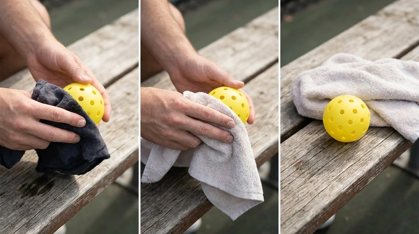 Hands wiping a pickleball with a soft cloth and drying towel