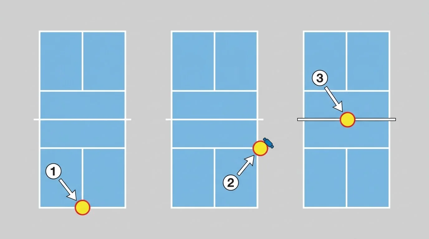 Three-panel pickleball rules diagram for line, interference, and service-let situations
