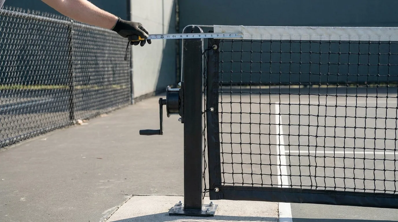 Pickleball net posts and net being inspected on a clean court