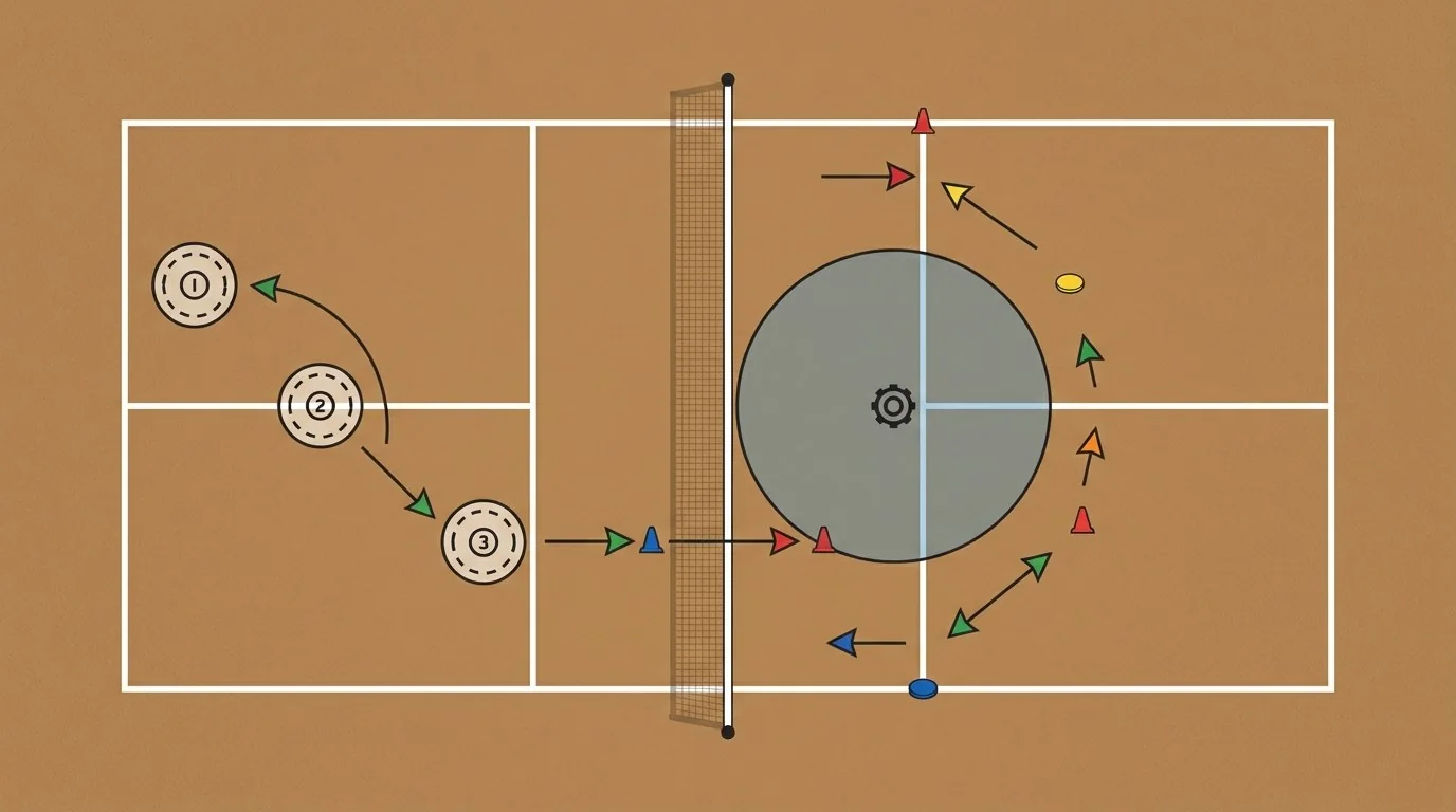 Overhead pickleball diagram showing controlled braking steps and center recovery