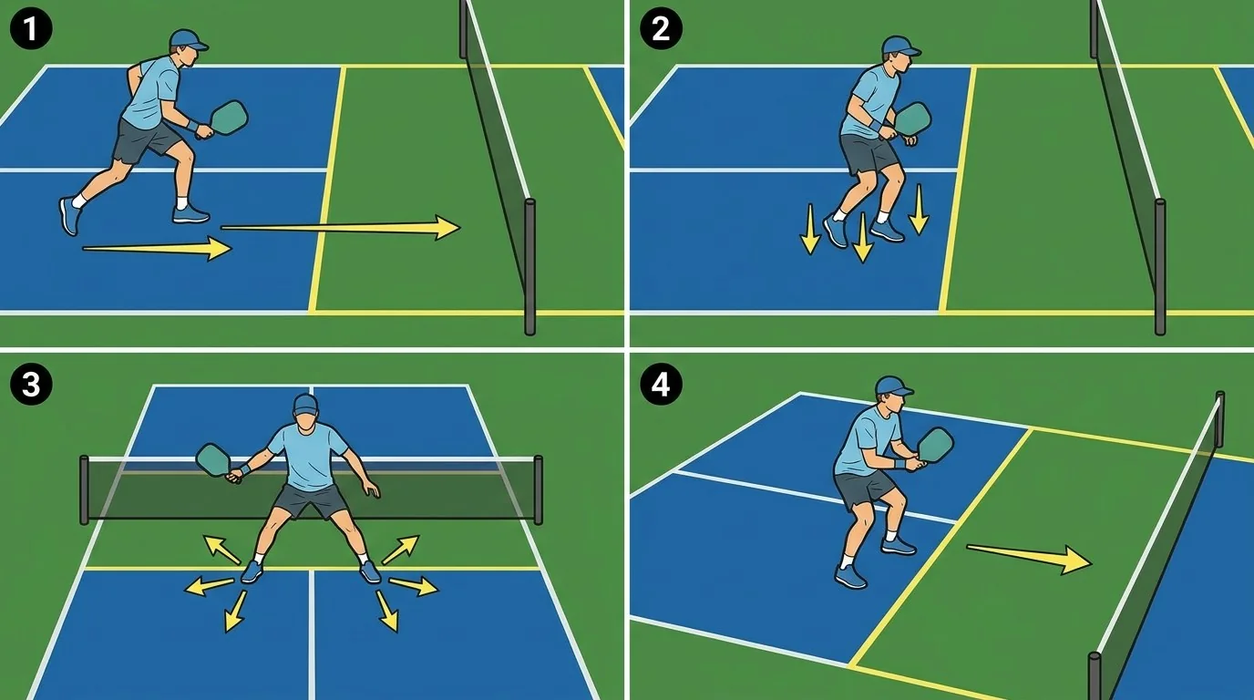 Pickleball approach showing short braking steps, split step, and recovery