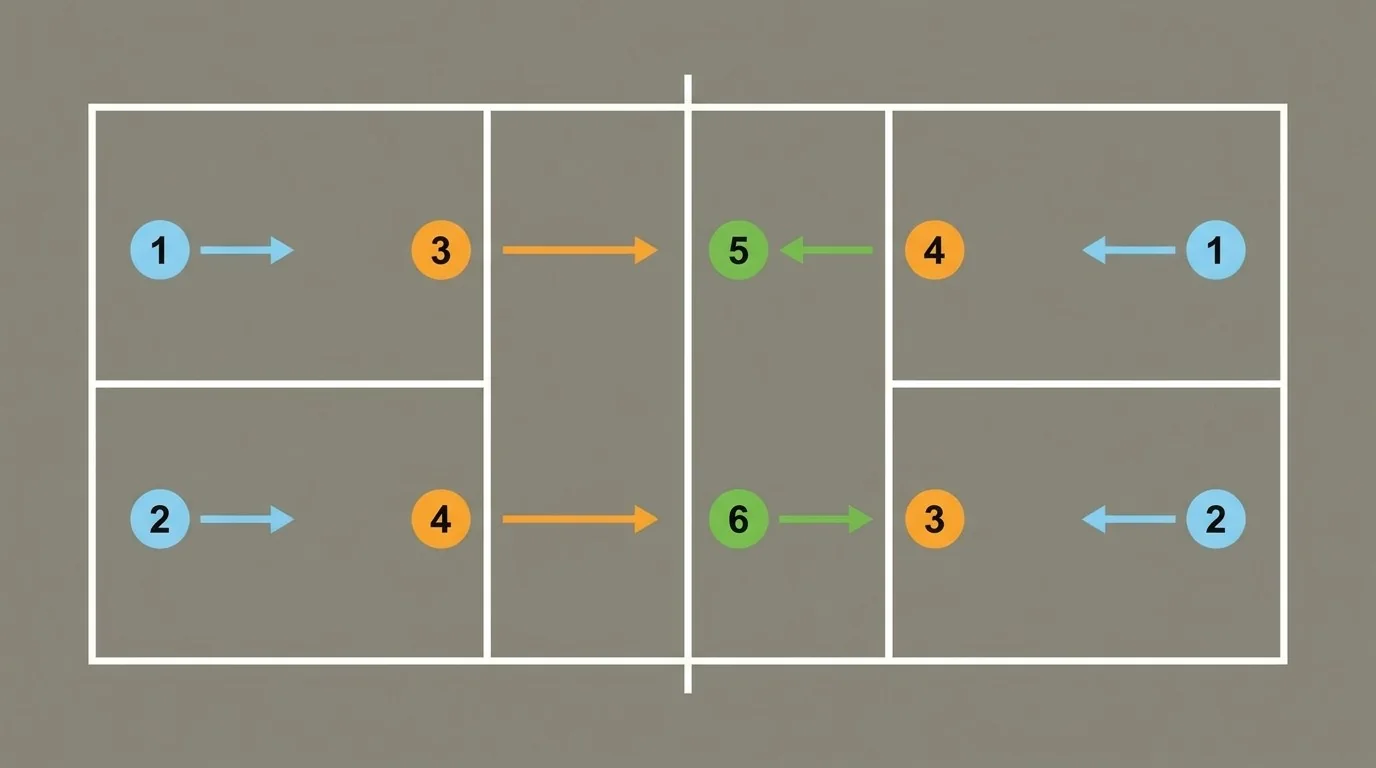 Overhead pickleball positioning diagram with numbered progression markers
