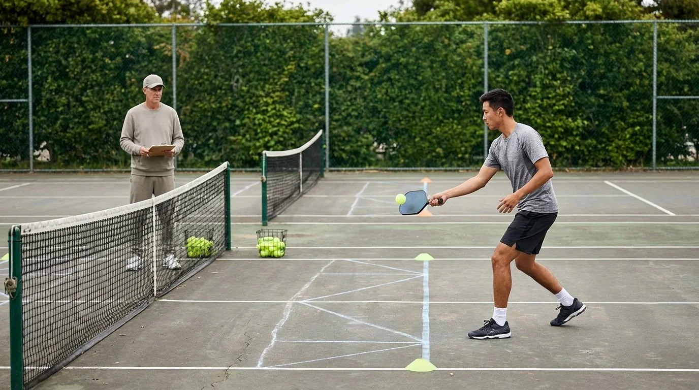 Coach observing a pickleball footwork and dink practice session