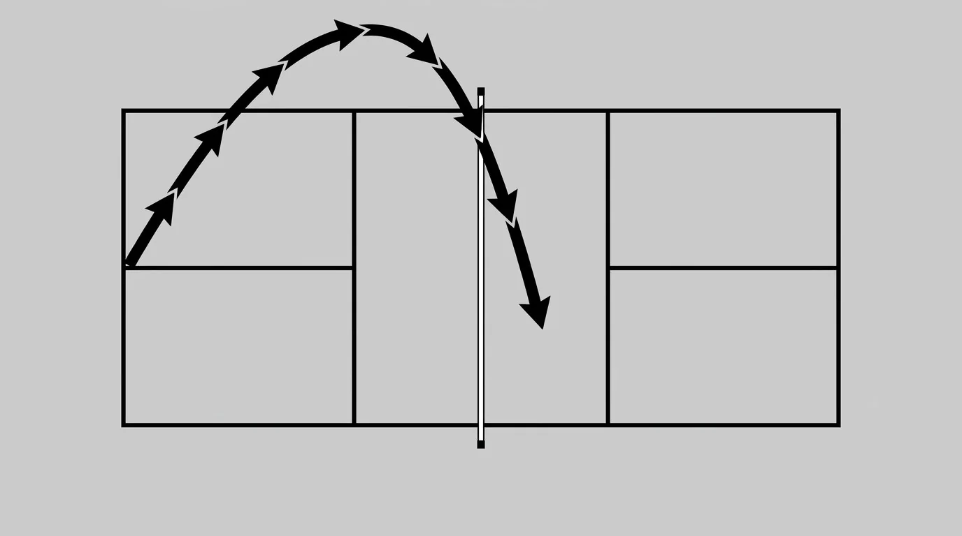 Overhead pickleball diagram showing a third-shot drop apex and descending arc into the kitchen