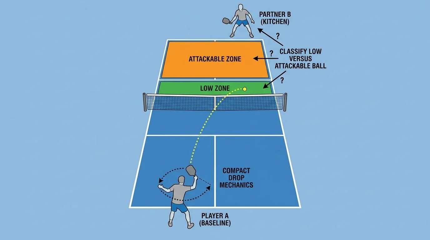 Pickleball drop-shot practice diagram with baseline player, kitchen target zones, and partner feedback