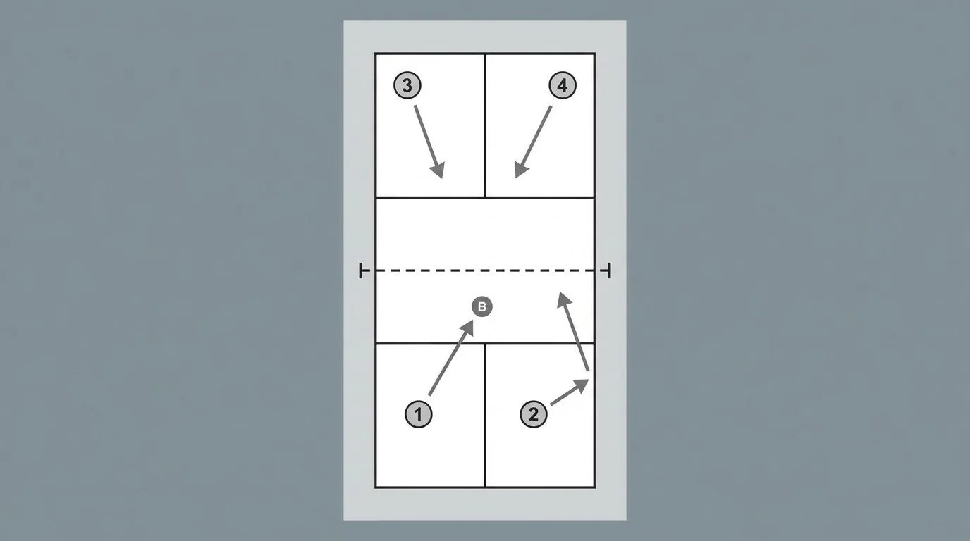 Instructional pickleball doubles court diagram showing mine, yours, switch, and stay movement with arrows and accurate court geometry, no readable text