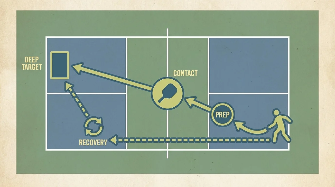 Pickleball forehand technique diagram showing contact, follow-through direction, and deep target