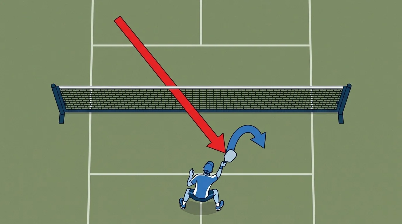 Overhead diagram showing a stable paddle, absorbed pace, and a low block-volley trajectory