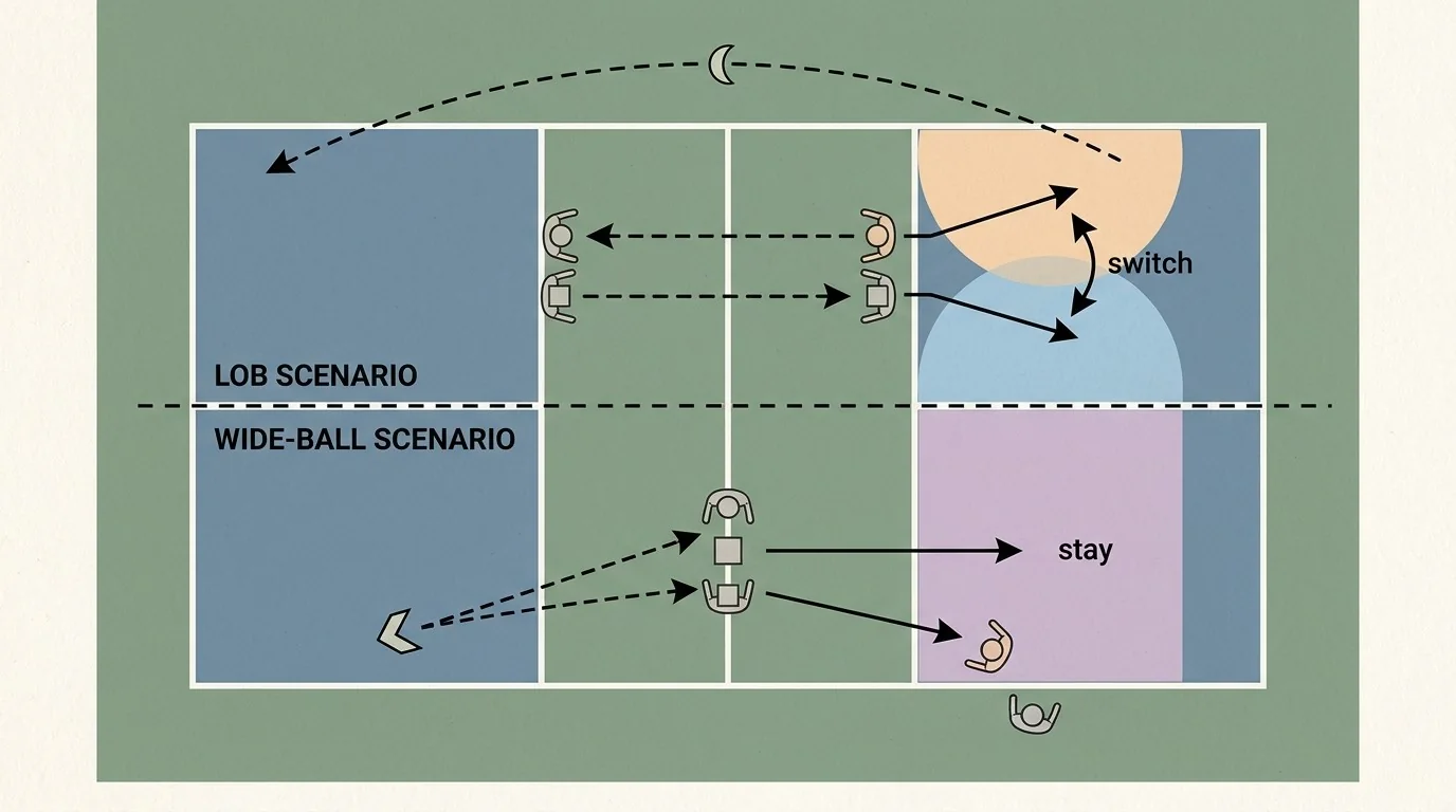 Pickleball doubles communication drill showing switch-or-stay movement and coverage