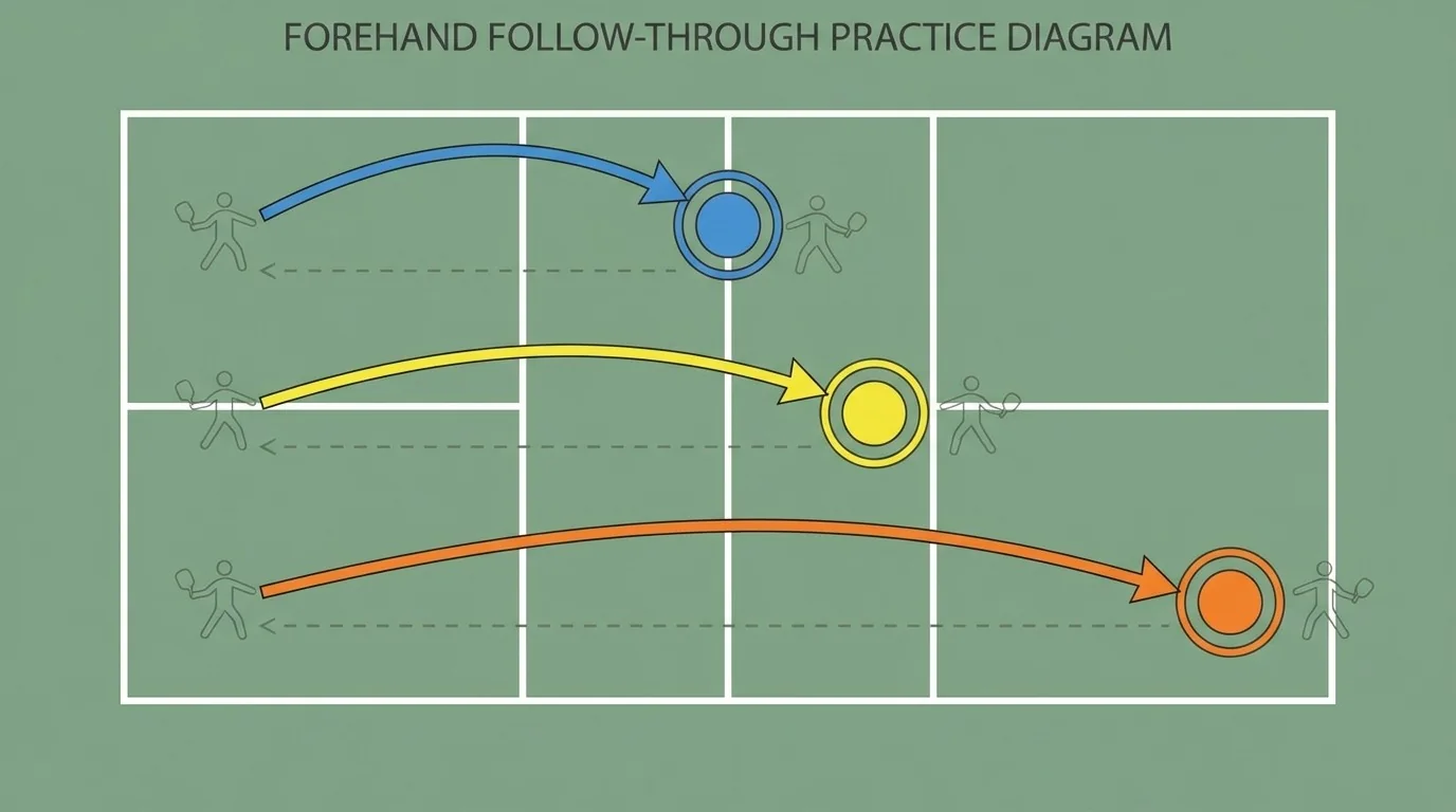 Pickleball forehand practice diagram with target lanes and balanced recovery steps
